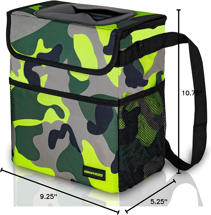 SIBOFUEGO Cute Car Trash Can with Lid β Multipurpose Collapsible Trash Bin for Car, Leak-Proof Organizer, Waterproof Garbage Can with Storage Pockets & Adjustable Straps, 2 Gallons (Camo Green)