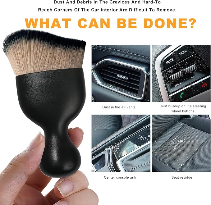 2 PCS Car Interior Detailing Brush, Curved Car Interior Cleaning Brush with Ultra Soft Bristles & Dust Cover, Scratch-Free Auto Dusting Brushes for Dashboard AC Vent Leather (Brown & Black)