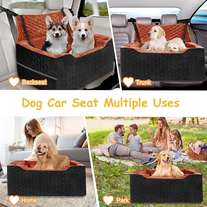 Dog Car Seat for Medium/Large Dog Booster Seat Under 60 lbs or 2 Small Dogs, Multi-Functional Pet Car Seat with Thick Cushion, 2 Safety Leashes (Black/Red Brown, Medium)