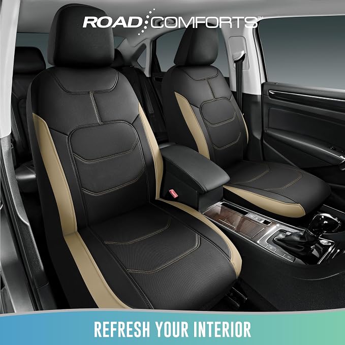 Road Comforts Seat Covers, Premium Leather Car Seat Covers Front Seats,Airbag Compatible, Automotive Seat Covers Universal Fit Most Cars,Vans,Truck,SUV Beige