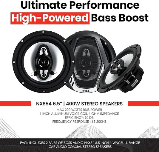 BOSS Audio Systems 6.5 Inch 400 Watt 4 Way 4 Ohm Full Range Car Audio Coaxial Stereo Speakers with Mylar Dome Tweeters, 2 Pairs