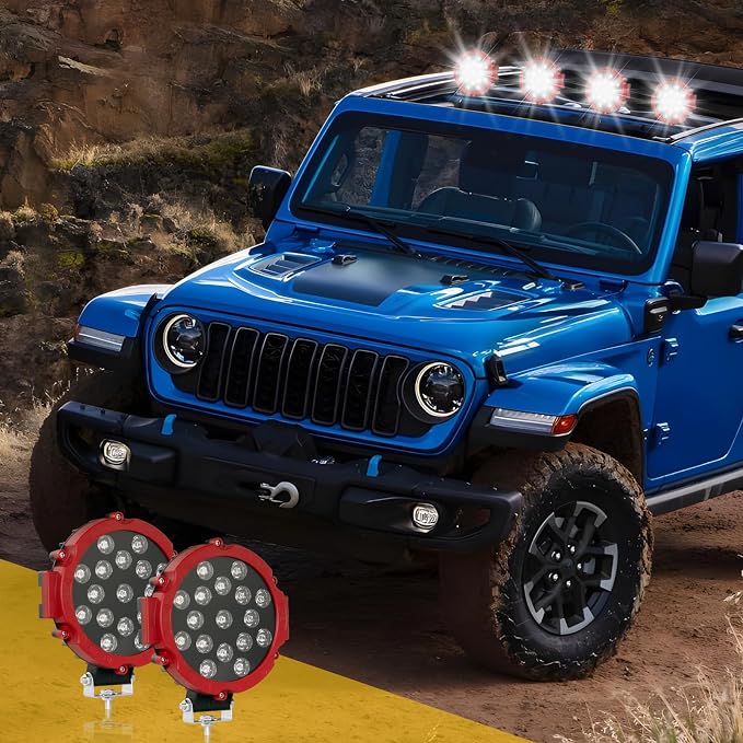 Round Off Road Led Lights 7 Inch 51W 2pcs Round Spot Light Off Road Driving Work Lamp Bumper Roof Fog Lights Fit for Jeep, ATV, SUV, Truck, Hunters (Red)