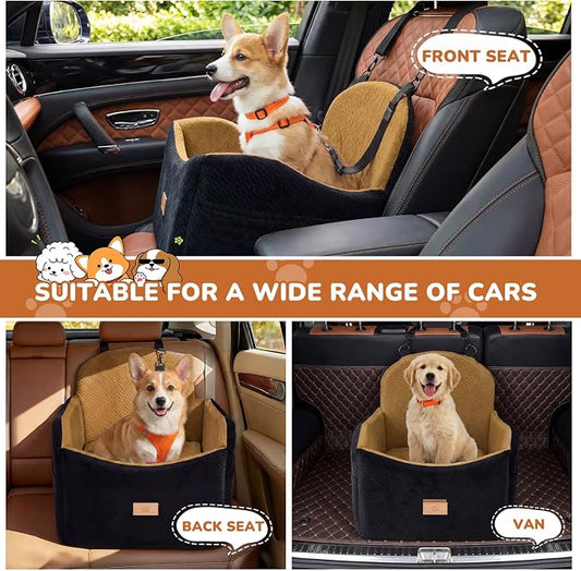 Dog Car Seat for Medium/Small Dogs, Dog Booster Car Seat, Pet Booster Seats Up to 40lbs with Waterproof Layer, 3 Storage Pockets and Safety Belt (Black/Brown)
