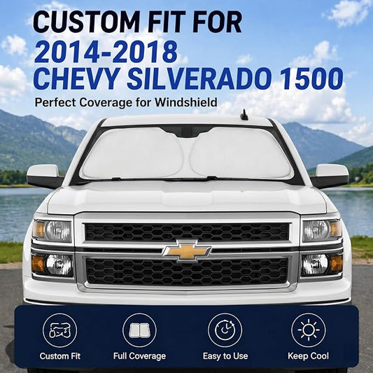 Car Sun Shade for 2014-2018 Chevrolet/Chevy Silverado 1500 Accessories Windshield Sunshade Cover Front Window Shade Custom Fit Silverado 1500 Sun Visor Protector Foldable Blocks UV Rays