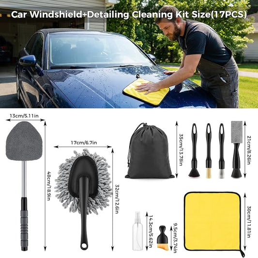 17Pcs Car Cleaning Kit Windshield Cleaner Tool with 3 Extra Microfiber Pads Car Interior Detailing Brushes Dash Duster & Microfiber Towels All-in-One Car Cleaning Supplies for Women Men