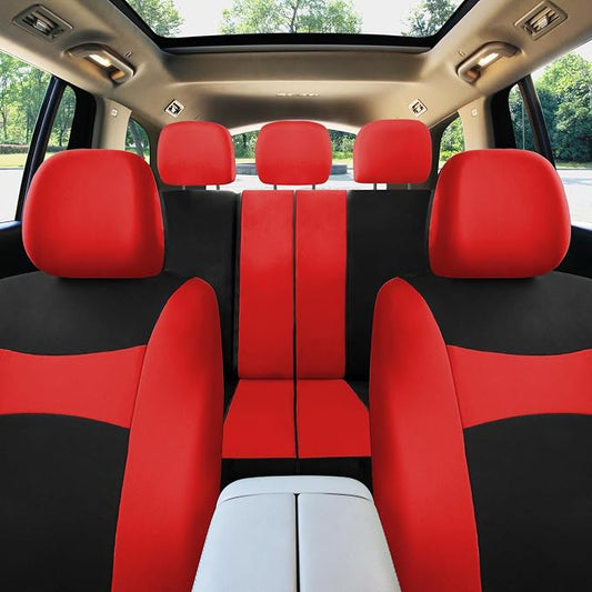 FH Group Car Seat Covers Combo Full Set with Carpet Floor mats Steering Wheel Cover and Seat Belt Pads- Universal Fit for Cars Trucks and SUVs Red