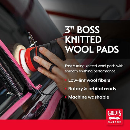Griot's Garage BOSS Knitted Wool Pads for Car Detailing, Polishing and Paint Correction, Buffing Pads Compatible with BOSS Creams, 3”, Set of 3