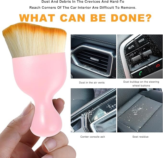 Car Interior Detailing Brush, Curved Car Interior Cleaning Brush with Ultra Soft Bristles & Dust Cover, Scratch-Free Auto Dusting Brushes for Dashboard AC Vent Leather (Pink)