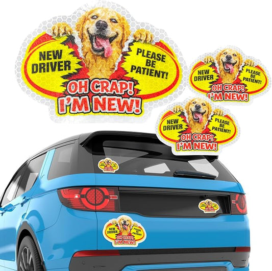 3 Pcs Reflective Student Driver Magnet and Stickers Set - Funny Animal New Driver Safety Signs for Car, Waterproof & Weatherproof High Visibility Vehicle Bumper Decals, Magnet + Stickers (Dog)