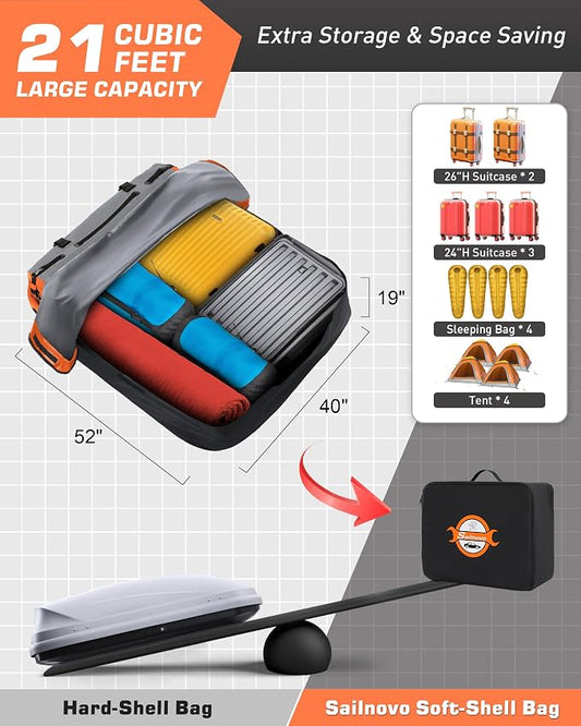 Sailnovo Rooftop Cargo Carrier Bag 21 Cubic, 1000D PVC Waterproof Vehicle Soft-Shell Carrier for Cars with/Without Roof Rack, Car Roof Storage Includes Anti-Slip Mat,10 Reinforced Straps, 6 Door Hooks