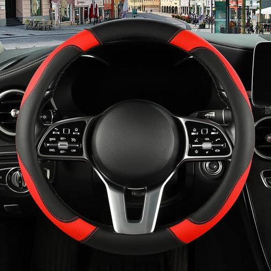 Microfiber Leather Steering Wheel Cover Large Size for Ford F150 F250 F350 RAM 4Runner Tacoma Tundra Armada Model S Model X, Breathable, Anti Slip, 15.5 inch to 16 inch, Black with Red