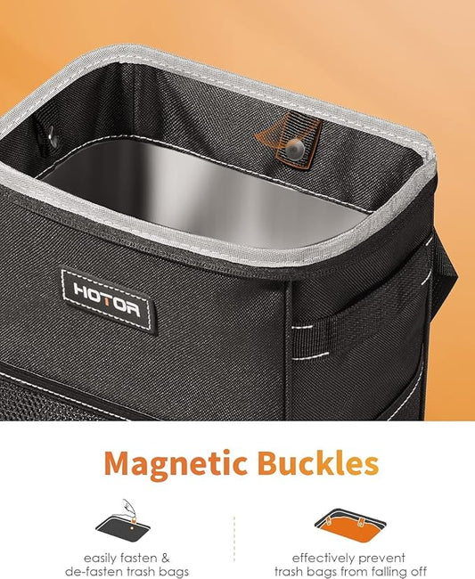 HOTOR Car Trash Can with Lid and Storage Pockets - 100% Leak-Proof Organizer, Waterproof Garbage Can, Multipurpose Trash Bin for Car, 2 Gallons, Black