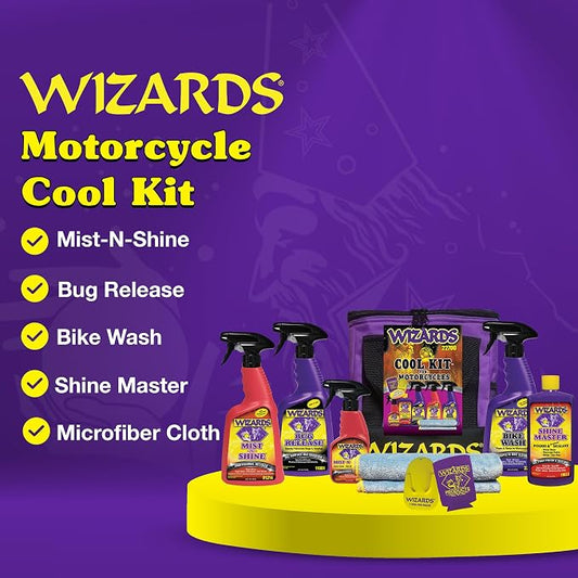 Wizards Motorcycle Cool Kit 22700 – Complete 82 oz Detailing Set with Mist-N-Shine, Bug Remover, Bike Wash, Polish, Microfiber Cloth – Professional Exterior Cleaning Supplies and Care Accessories