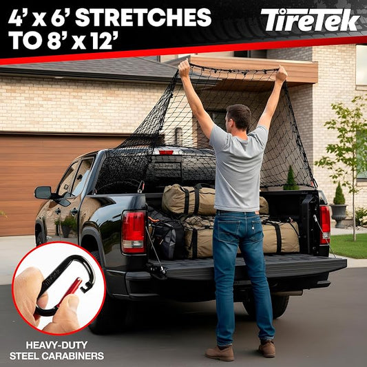 Cargo Net for Pickup Truck Bed (4'x6' Stretches to 8'x12') Double Thick Heavy Duty Truck Bed Net for Dad, & Husband - 12 Metal Carabiners, Bungee Mesh Accessory with Strap Hooks
