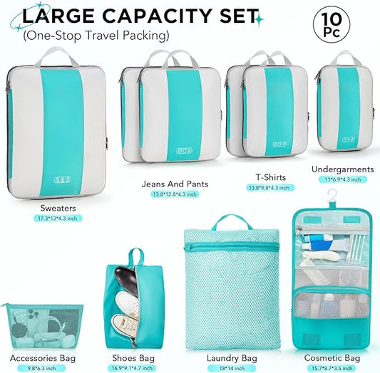 OlarHike 10-Pack Compression Packing Cubes for Travel Essentials,Compressible Expandable Packing Cubes for Suitcase,Luggage Garment Bags for Travel,Handy Helper for Organizing Clothes(Blue Green)