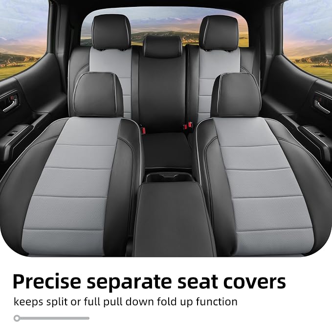 Lolcar Tacoma Seat Covers Full Set for 2016-2023 Toyota Tacoma Double/Crew Cab SR,SR5,TRD Off Road,TRD Pro,TRD Sport,Limited Pickup,Fully Covered Waterproof Leather Car Seat Protector (Black/Gray)