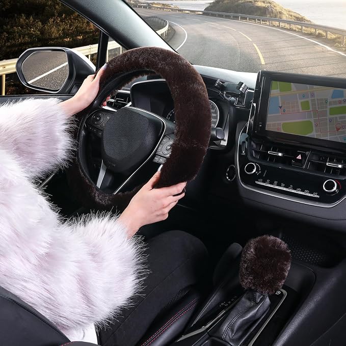 SEG Direct Furry Car Steering Wheel Cover with Gear Shift Cover, Soft and Warm, Cute Fluffy Auto Decor for Women Men, Standard Size, 2 PCS Set, Coffee Brown