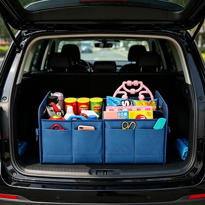 AOKJOY Car Trunk Organizer Car Storage Organizer Collapsible Multi Compartment Car Organizer Adjustable Straps Car Organizer for SUV(Slate Blue)