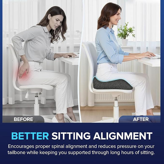Memory Foam Seat Cushion for Chair, Tailbone Pain Relief, Ergonomic Support for Coccyx, Back & Butt, Office & Car Ergonomic Chair Cushion with Non-Slip Base and Washable Cover, Dark Gray