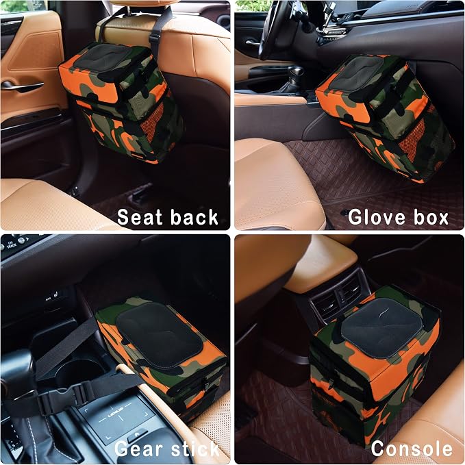 SIBOFUEGO Cute Car Trash Can with Lid β Multipurpose Collapsible Trash Bin for Car, Leak-Proof Organizer, Waterproof Garbage Can with Storage Pockets & Adjustable Straps, 2 Gallons (Camo Orange)