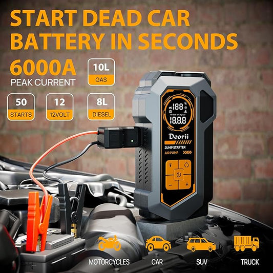 6000A Jump Starter with Air Compressor, 10-in-1 Car Jumper Starter Portable, 150PSI Tire Inflator/Air Pump, LED Flashlight for Up to 10.0L Gas / 8.0L Diesel Engines