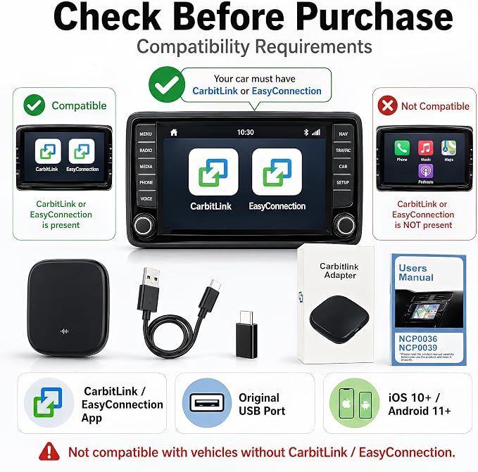 NCP0039 HansPilot CarKit CarBitLink x Baic Jetour Geely Chery Jac Gac Dongfeng Forthing Aeolus Kaiyi Hongqi Changan, Wired Carbitlink Phonelink Easy Connect to Wireless CarPlay Android Auto Adapter