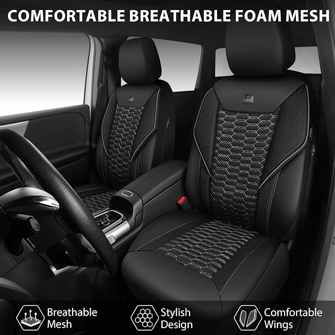 CAR PASS 3D Foam Mesh Leather Car Seat Covers Front Seats, Air Cool Mesh Front Seat Covers for Car, Universal Fit for SUV Truck Sedan Automotive, Armrest Airbag Compatible, Black and Gray