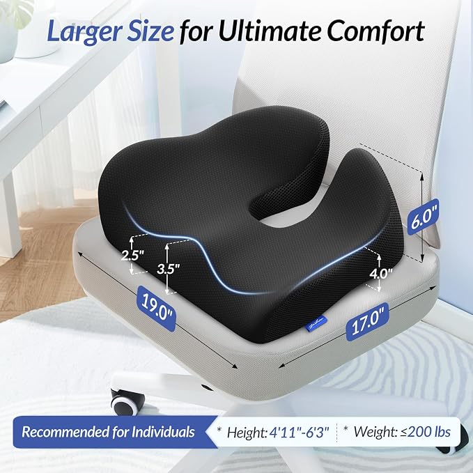 ZIKEE 6" Thickened Donut Pillow Seat Cushion, Ergonomic Hemorrhoid Pillow with Widened Cutout for Tailbone,Sciatica Pain Relief & Postpartum, Memory Foam Office Chair Cushion for Long Sitting at Home