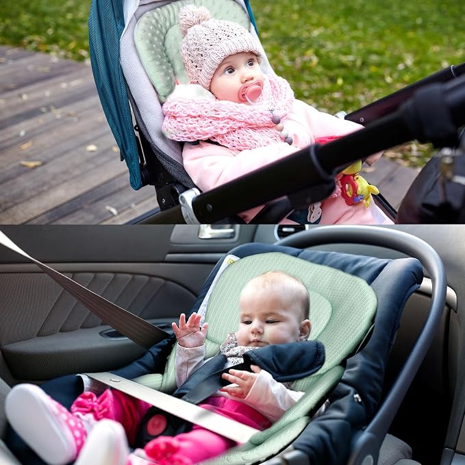 Infant Carseat Insert, 2-in-1 Reversible Baby Car Seat Cushion for Newborn Toddler Head & Body Support Car Seat Pad for Carseats, Strollers, Swings, Bouncers, Green