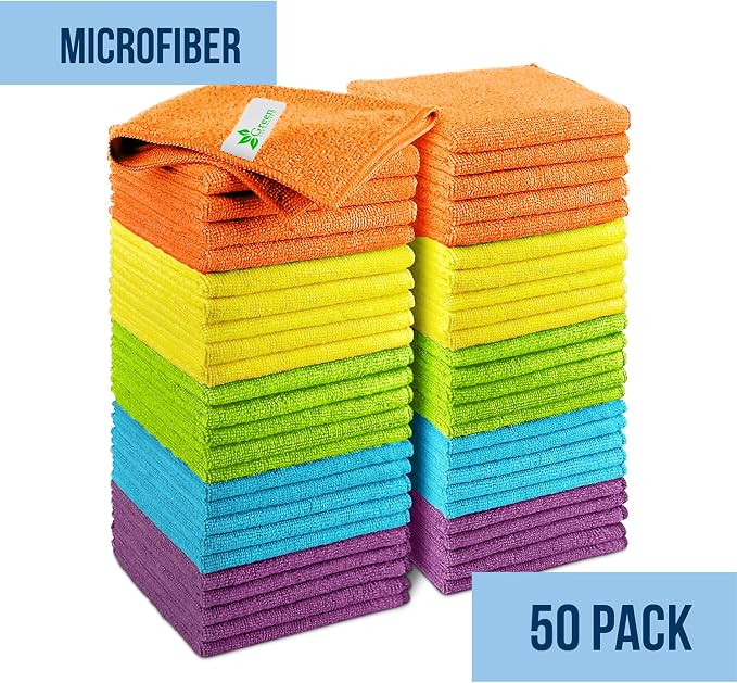 GREEN LIFESTYLE Microfiber Cleaning Cloth 11.5" x 11.5" 50 Pack - Edgeless Microfiber Towels for Cars, Cleaning Rags, Lint Free Car Microfiber Towel, Reusable Cleaning Cloths (Multicolor)