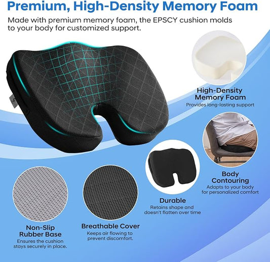 EPSCY Memory Foam U-Shaped Cushion for Coccyx, Hemorrhoid, Sciatica & Tailbone Pain Relief - Pressure Reducing Seat Cushion with Removable Cover - Postpartum Pillow for Office Chair, Wheelchair, Black