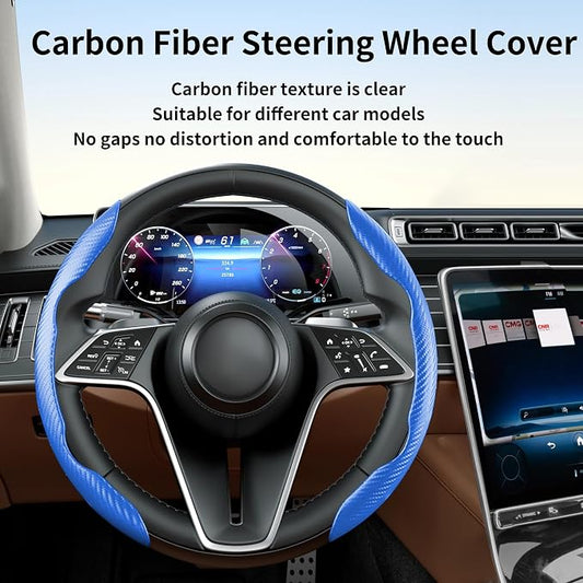 Carbon Fiber Steering Wheel Cover, 2-Piece Set Anti-Skid Comfortable Grip Segmented Butterfly Design, Easy Snap-On Installation Universal Fit 99% Cars, Blue