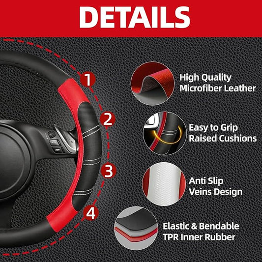 NBTEPEM 10 Pcs Car Floor Mats Full Set & Sport Leather Steering Wheel Cover 14.5-15 inch, Center Console Cover, Seat Belt Cushion, Cup Holder Coaster, Universal Automobile Interior Sets (Red)