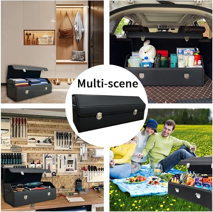 Car Trunk Organizer with Lid,Foldable Faux Leather Cargo Storage Box,3 Compartments,Collapsible Multi-Functional for SUV,Sedan,Vehicle Trunk