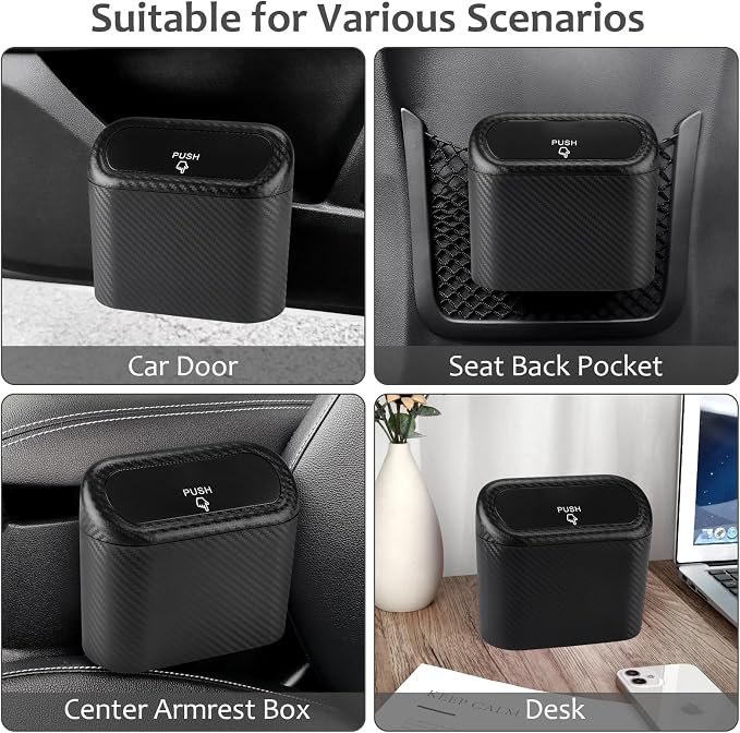Accmor Car Trash Can with Lid, 2 Pack Mini Vehicle Trash Bin Car Dustbin Garbage Organizer Holder with Trash Bag, Small Hanging Leakproof Auto Storage Bag Container (Carbon Fiber)