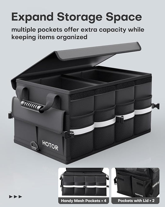 HOTOR Car Trunk Organizer - Foldable Trunk Organizer for SUV, Car Storage with Reflective Strips & Securing Cover, Large Capacity Car Accessories for Truck, Van & Sedan, Black, 22.1" x 12.6" x 11.0"