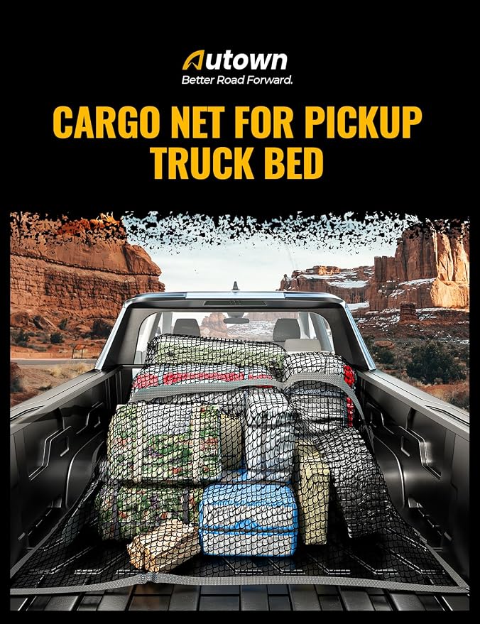 AUTOWN Cargo Net for Pickup Truck Bed - Stretchable 4'x4' to 7'x7', High Elastic Fine Mesh 1''x1'' with 8 Metal Carabiners - Ideal for ATV, SUV, UTV, Truck and Boat Use (Single Layer)
