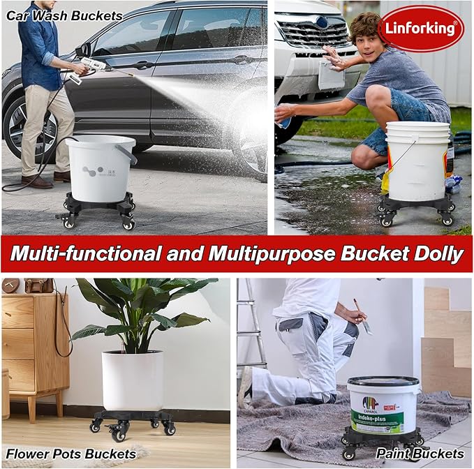 Upgraded Foldable Car Wash Bucket Dolly 5 Gallon with Wheels,360°Rolling Car Wash Buckets Dolly for Washing, Waxing, Removable Bucket Mover,Fits 3.5–5 Gallon Buckets,Supports Up to 265 lbs