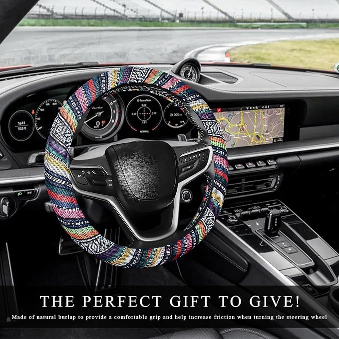 Boho Car Steering Wheel Cover, Ethnic Style Anti-Slip Coarse Flax Cloth Auto Wheel Cover, Bohemian Steering Wheel Protector for Most SUVs Vans Trucks, Car Accessories (Style B)