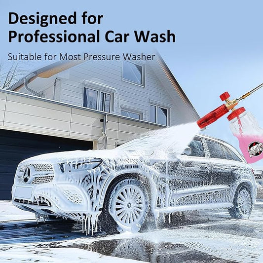 BEAR FORCE Pressure Washer Brass Foam Cannon Foam Generator Snow Foam Lance with 1/4” Quick Connector & 1.25mm & 1.10mm Orifice Nozzle, 360° Adjustable Thicker Snow Foam with 32 oz Soap Car Wash