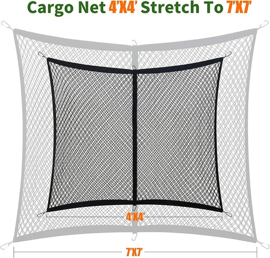 Double Layer Cargo Net for Pickup Truck Bed, Stretchable 4"x4" to 7"x7", Highly Elastic Truck Bed Net with 6 Metal Carabiners, Suitable for Daily Light Loads of Trucks, Vans and SUVs