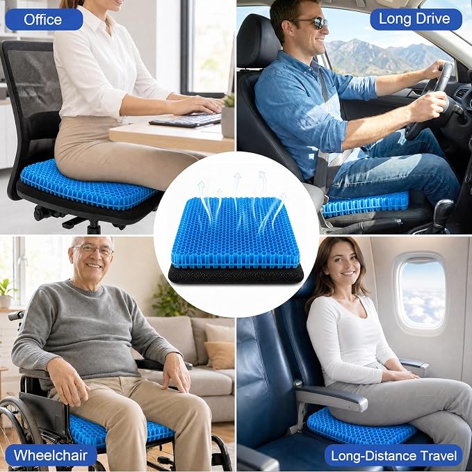 Gel Seat Cushion for Long Sitting – Double-Layer Honeycomb Cooling Chair Pad, Thick Supportive Gel Cushion with Breathable Non-Slip Cover for Office Chair, Car, Wheelchair & Long Sitting(Blue)