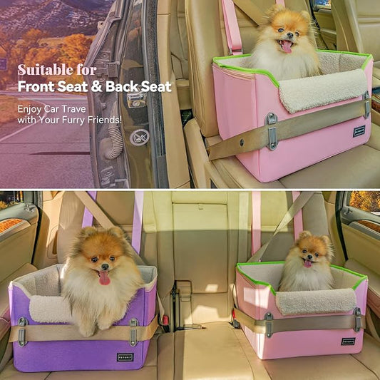 PETSFIT Small Dog Car Seat โ Patented Safety Buckles โ Safety Tether โ Foldable Travel Cat Car Seat Reduces Anxiety & Road Trips โ Stable Frame, Soft Cushion, Fits Front/Back Seat (Pink)