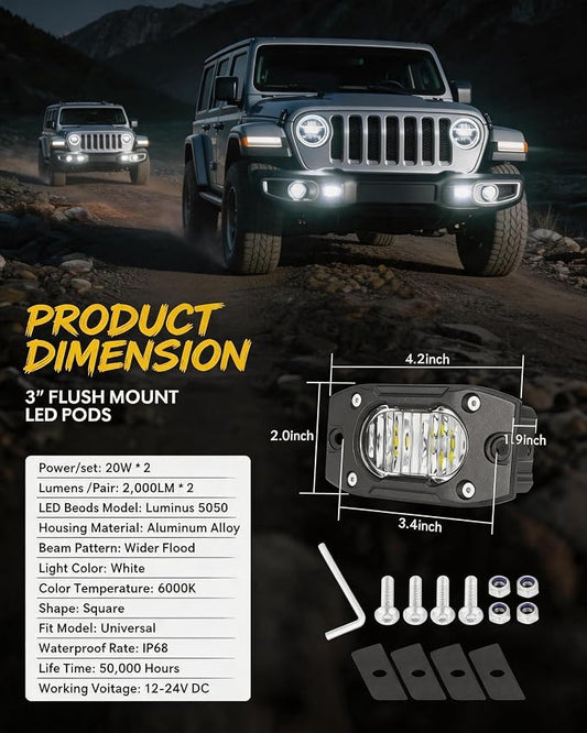 2PCS 4 Inch Flush Mount LED Pods 40W CREE LED Fog Light | Rear Bumper Mount Lights Pods with DT Wiring Harness Kit Flood Beam Off Road Light Bar Pods for Truck SUV UTV ATV
