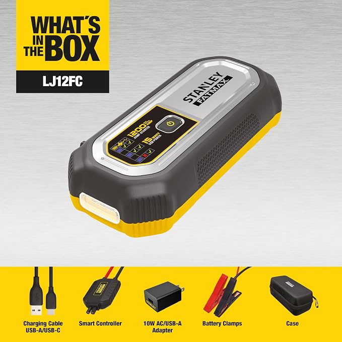 STANLEY LJ12FC 1200A Lithium Jump Starter with 15 Watt USB-A and USB-C Power, Includes Clamps and Carrying Case