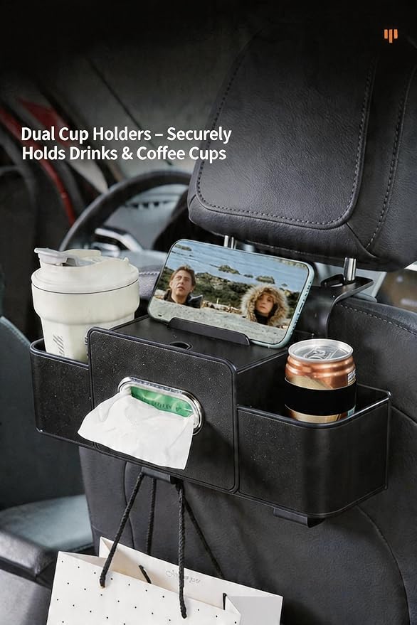 4-in-1 Car Backseat Organizer, Dual Cup Holders, Tissue Box & Phone Mount with Double Hangers, Multi-functional Car Storage Organizer, Universal Fit for All Vehicles, 2 Pieces