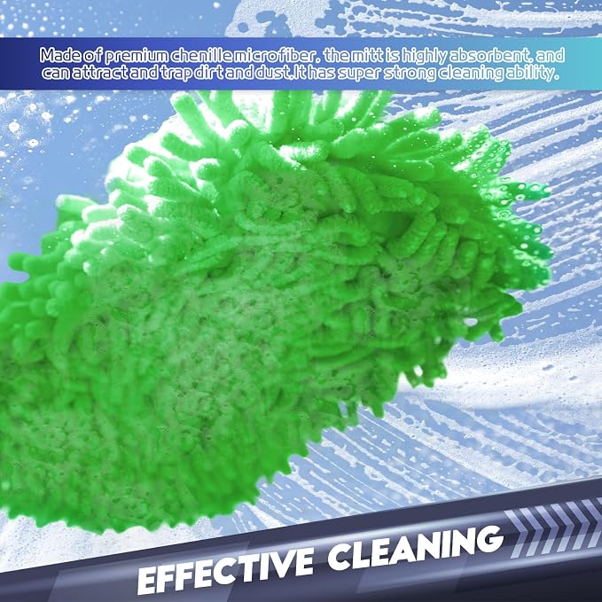 wuyaoyao 2PCS Car Wash Mitt, 10.14"×7.12" Chenille Microfiber Car Wash Mitts, Scratch-Free & Lint-Free, Absorbent Double Sided Clean Glove for Cars Cleaning, Auto Cleaning Supplies (Green)