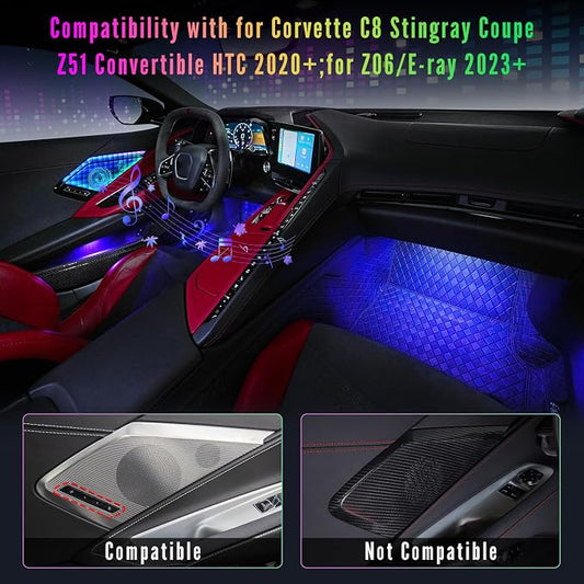 Door Speaker Relays Cover Trim w/Neon Accent Lights fit for C8 Corvette 2019-2024,LED Ambient Foot Lights,Atmosphere Door Storage Box Lamps,Voice APP Button Switching Control,RGB