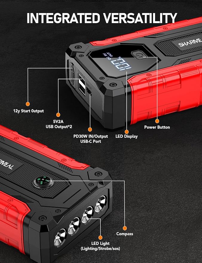 Sharmeal Car Jump Starter 7000A, Jump Starter Battery Pack with PD 30W Quick Charger, 12V Portable Jump Box (for All Gas and 12.0L Diesel) with 4 LED Light