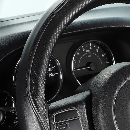 SEG Direct Car Steering Wheel Cover Large-Size for F150 F250 F350 Ram 4Runner Tacoma Tundra Range Rover with 15 1/2"-16" Outer Diameter Leather with Carbon Fiber Pattern Black